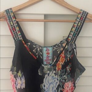 Johnny Was Black Dress with Colorful Floral Embroidery